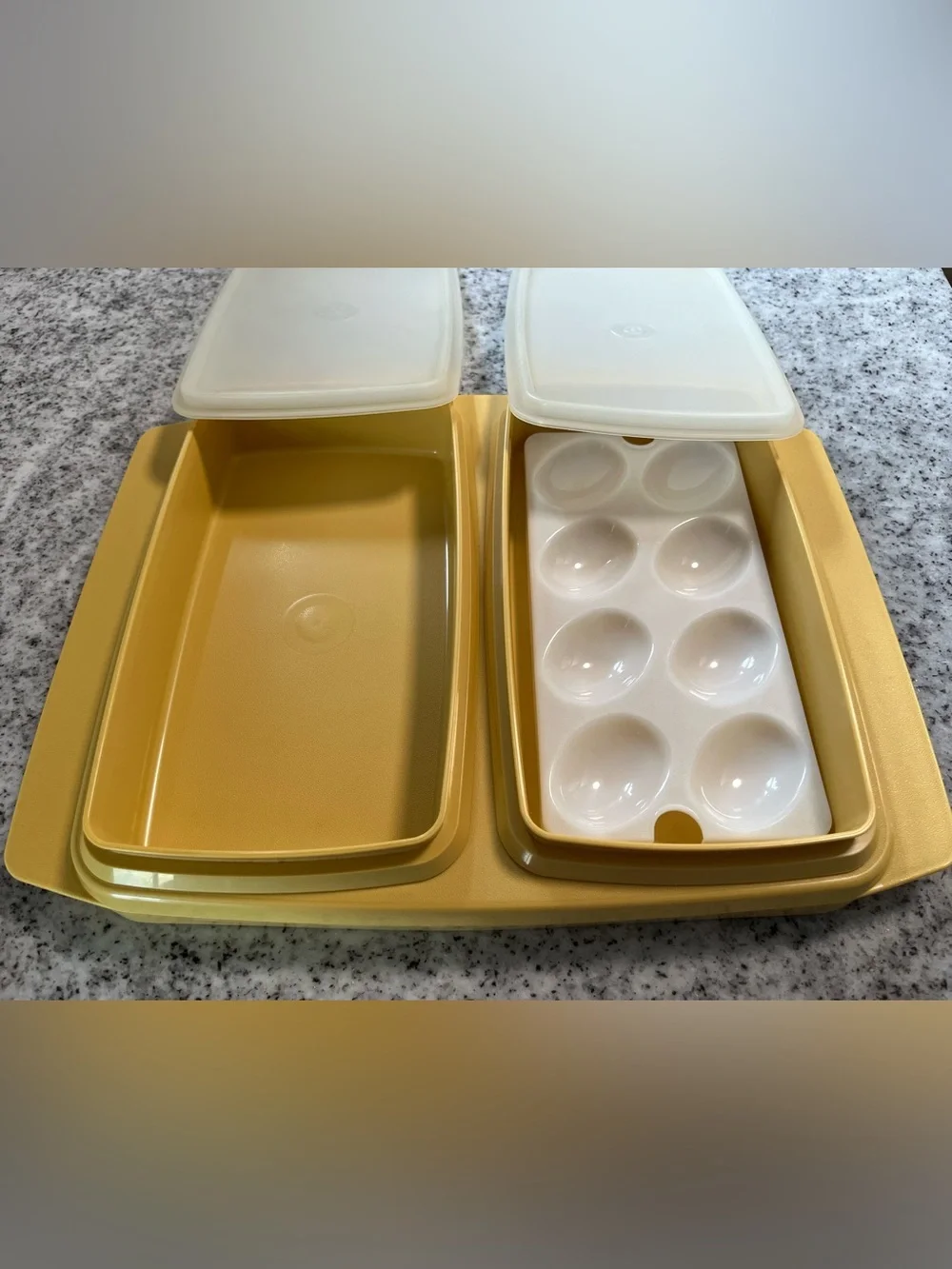 Vintage Tupperware Harvest Gold Deviled Egg Keeper Serving Tray w/ Lids USA